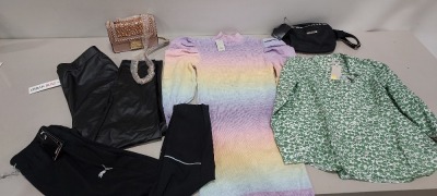 25 X BRAND NEW MIXED CLOTHING LOT CONTAINING CARVELA HAND BAG - TOMMY HILFIGER SPORTS BRA - PUMA TRACK PANTS - RIVER ISLAND JUMPER - RIVER ISLAND KNITTED DRESS - URBAN BLISS FAUX LEATHER PANTS - ETC - ALL IN VARIOUS SIZES