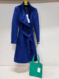 2 X PIECE MIXED BRAND NEW TED BAKER LOT CONTAINING 1X MIDI WOOL WRAP COAT WITH SHOULDER PANELS TED BAKER SIZE 2- UK (S) - 1 X TED BAKER CROC DETAIL BAG - ALL WITH TAGS