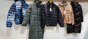 5 X PIECE MIXED BRAND NEW CLOTHING LOT CONTAINING - TIMBERLAND PUFFER JACKET- MEDIUM (WITH TAGS) - BERSHKA PUFFER JACKET- M (WITH TAGS) - GOOD FOR NOTHING PUFFER PARKA JACKET -SMALL (WITH TAGS) ETC