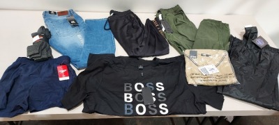 25 X BRAND NEW MIXED CLOTHING LOT CONTAINING- HUGO BOSS T-SHIRTS IN BLACK AND BLUE -FRENCH CONNECTION TROUSERS - JACAMO DENIM JEANS - PUMA TOP - JACAMO POLO SHIRT - SIK SILK JOGGERS - REGATTA OUTDOOR PANTS -CROSS HATCH DENIM JEANS ETC- ALL IN VARIOUS SIZE