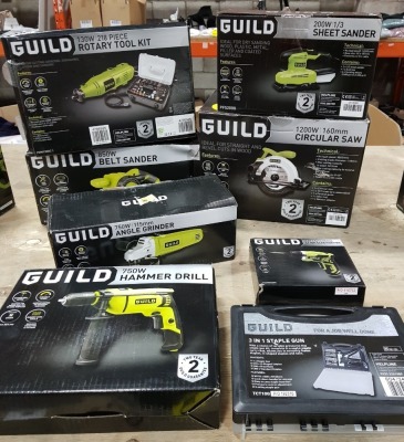 8 PIECE BRAND NEW MIXED GUILD TOOL LOT CONTAINING 1 X 130W 218 PIECE ROTARY TOOL KIT, 1 X 850W BELT SANDER, 1 X 1200W 160MM CIRCULAR SAW, 200W SHEET SANDER, 1 X 750W 115MM ANGLE GRINDER, 1 X 750W HAMMER DRILL, 1 X 3.6V LI-ION SCREWDRIVER AND 1 X 3 IN 1 ST