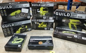 8 PIECE BRAND NEW MIXED GUILD TOOL LOT CONTAINING 1 X 130W 218 PIECE ROTARY TOOL KIT, 1 X 900W 82MM PLANER, 1 X 650W 82MM PLANER, 1 X 710W JIGSAW, 1 X 2000W HEATGUN, 1 X 250W OSCILLATING MULTI TOOL, 1 X NAIL AND STAPLE GUN AND 1 X 25 PIECE HAND TOOL KIT