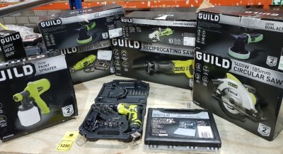 9 PIECE BRAND NEW MIXED GUILD TOOL LOT CONTAINING 1 X 800W RECIPROCATING SAW, 1 X 500W MINI SAW WITH 2 BLADES, 2 X 600W DUAL ACTION CAR POLISHER, 1 X 130W 218 PIECE ROTARY TOOL KIT, 1 X 1400W 185MM CIRCULAR SAW, 1 X 350W PAINT SPRAYER, 1 X 3.6V LI-ION SCR