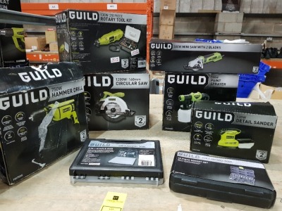 8 PIECE BRAND NEW MIXED GUILD TOOL LOT CONTAINING 1 X 1200W 160MM CIRCULAR SAW, 1 X 130W 218 PIECE ROTARY TOOL KIT, 1 X 500W PAINT SPRAYER, 1 X 5002 MINI SAW WITH 2 BLADES, 1 X 135W DETAIL SANDER 1 X 750W HAMMER DRILL, 1 X 40 PIECE SOCKET SET AND 1 X 3 IN