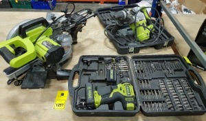 3 PIECE GUILD USED MIXED TOOL LOT CONTAINING 1 X 1700W 210MM SLIDING MITRE SAW, 1 X 1000W SDS ROTARY HAMMER DRILL AND 1 X 18V IMPACT DRILL WITH ACCESSORIES (PLEASE NOTE USED LOT)