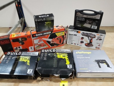 8 X PIECE NEW MIXED TOOL LOT CONTAINING BLACK AND DECKER 400W SCORPION, BLACK DECKER 18V DRILL , GUILD 750W AND 600W HAMMER DRILLS, WORX 20V CORDLESS HAMMER DRILL, CHALLENGE 500W IMPACR DRILL ETC