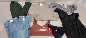 25 X BRAND NEW MIXED CLOTHING LOT CONTAINING - VICTORIA SECRET BRA -BERSHKA KNITTED JUMPER- MISSGUIDED DRESS- TOPSHOP BRA TOP- BOO HOO MAN T-SHIRT -TOPSHOP DENIM JEANS- PUMA SPORTYS BRA- MISSGUIDED MAXI DRESS- MISSGUIDED BODYSUIT - ETC IN VARIOUS SIZES