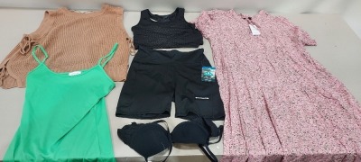 25 X BRAND NEW MIXED CLOTHING LOT CONTAINING - PUBLIC DESIRE HEELED SHOES- ADIDAS T-SHIRT - PRETTY LITTLE THING DRESS - COLUMBIA SHORTS - TOPSHOP DRESS - NEW LOOK DRESS - SPORTS BRA ETC IN VARIOUS SIZES