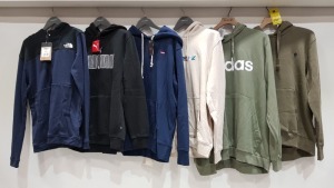 6 X BRAND NEW MIXED HOODIE LOT CONTAINING ADIDAS HOODIE SIZE 2XL - LEVIS HOODIES SIZE MEDIUM - PUMA HOODIE SIZE MEDIUM - THE NORTH FACE HOODIE SIZE XL ETC