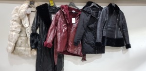 5 X BRAND NEW MIXED LOT CONTAINING 1X MISSGUIDED BLUSH FUR COAT SIZE 10 -1X MISSGUIDED FAUX FUR COAT SIZE 10 - 1X J.O.A LONG LEATHER COAT SIZE M - 1X BOO HOO FAUX FUR HOODED PARKA SIZE 6 ETC