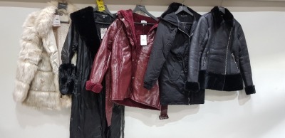 5 X BRAND NEW MIXED LOT CONTAINING 1X MISSGUIDED BLUSH FUR COAT SIZE 10 -1X MISSGUIDED FAUX FUR COAT SIZE 10 - 1X J.O.A LONG LEATHER COAT SIZE M - 1X BOO HOO FAUX FUR HOODED PARKA SIZE 6 ETC