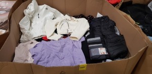 FULL PALLET CLOTHING BOX CONTAINING 1 X THE NORTH FACE WHITE HOODED JACKET -1X MISSGUIDED LEATHER STYLE JACKET - ASOS ANKLE BOOTS - OH POLLY DRESS - 1 X MISSGUIDED LINEN SHIRT - MENS COTTON TRUNKS - BURTONS TROUSERS - 1 XJACK AND JONES JOGGERS ETC