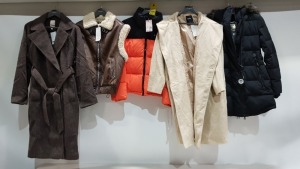 5 X BRAND NEW MIXED LOT CONTAINING 1X MISSGUIDED PUFFER COAT SIZE 14 - PULL AND BEAR LONG JACKET SIZE XS - SUPER DRY FAUX FUR HOODED COAT SIZE SMALL - ETC