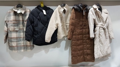 5 X BRAND NEW MIXED LOT CONTAINING 1X BERSHKA PADDED COAT SIZE SMALL - H&M LONG BUTTONED JACKET SIZE XL - PULL AND BEAR MEDIUM SIZED JACKET - ETC