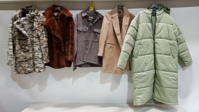 10 X BRAND NEW MIXED LOT CONTAINING- DOROTHY PERKINS LONG COAT - TOPSHOP FAUX FUR JACKET - NAKD FAUX FUR JACKET - TOPSHOP BROWN COAT ETC IN VARIOUS SIZES