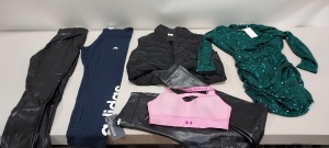 25 X BRAND NEW MIXED CLOTHING LOT CONTAINING - THE NORTH FACE ROSE LONGSLEEVE T-SHIRT - UNDER ARMOUR SPORTS BRA - BERGHAUS 1/2 ZIP JUMPER - I SAW IT FIRST GILET - HARRIS TWEED GLOVES - AX PARIS DRESS- NEXT FAUX LEATHER PANTS -ADIDAS LEGGINGS ETC IN VARIOU