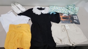 25 X BRAND NEW MIXED CLOTHING LOT CONTAINING - PULL AND BEAR TRAINERS - BOLONGARO JACKET - PRETTY LITTLE THING CARGO BOTTOMS - MISSGUIDED DENIM SHORTS - CURVY KATE BRA - MOTEL FULL BIKINI - ETC IN VARIOUS SIZES