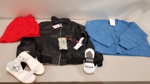 25 X BRAND NEW MIXED CLOTHING LOT CONTAINING - MISSGUIDED LEATHER STYLE JACKET - -ZARA SHIRT - FCUK SOCKS - BERSHKA SKIRT - RIVER ISLAND BIKINI TOP - REISS CROP T-SHIRT - SOUTH BEACH SANDALS- ZARA SKIRT - ETC IN VARIOUS SIZES