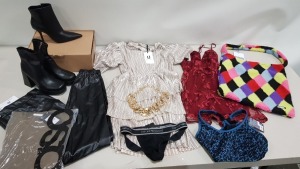 25 X BRAND NEW MIXED CLOTHING LOT CONTAINING -ZARA LEGGINGS - CHAMPION SPORTS BRA - MNG HEELED ANKLE BOOTS - PULL AND BEAR HEELED ANKLE BOOTS - EMPORIO ARMANI JOCKSTRAP - IN THE STYLE LEATHER LOOK PANTS - ETC IN VARIOUS SIZES