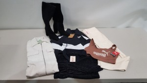 25 X BRAND NEW MIXED CLOTHING LOT CONTAINING - ASOS BLACK SUEDE STYLE BOOTS - I SAW IT FIRST BAG - PUMA SPORTS BRA - H&M JACKET - MISSGUIDED TOP - THE NORTH FACE ZIP TRACK TOP - MISSGUIDED FAUX LEATHER PANTS ETC IN VARIOUS SIZES