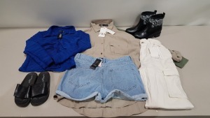 25 X BRAND NEW MIXED CLOTHING LOT CONTAINING - BRAVE SOUL SANDALS - DKNY BOOTS - NEW LOOK JACKET - BERSHKA CARGO PANTS - ZARA SHIRT DRESS - H&M DRESS - BOO HOO DENIM JEANS - ETC IN VARIOUS SIZES