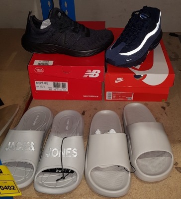 4 X BRAND NEW MIXED LOT CONTAINING - JACK AND JONES SLIDERS SIZE 43 - PULL AND BEAR SLIDERS SIZE 8/9 - NEW BALANCE TRAINERS SIZE 10 - NIKE AIR MAX SIZE 7.5