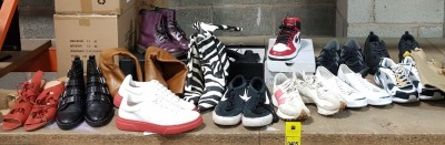 14 X PIECE MIXED (USED) SHOE LOT CONTAINING NIKE AIR FORCE 1 - DR MARTINS BOOTS - NEW BALANCE TRAINERS - ADIDAS TRAINERS - FILA TRAINERS - HIGH HEELED ZEBRA BOOTS - ETC ALL IN VARIOUS SIZES