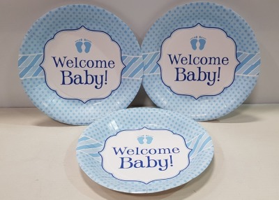 600 X PACKS OF 10 BRAND NEW WELCOME BABY BLUE CARDBOARD/PAPER PLATES IN 10 BOXES - 26CM