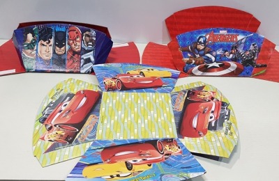 720 X BRAND NEW CARDBOARD FOLD UP PARTY BOWLS IN VARIOUS DESIGNS I.E AVENGERS -JUSTICE LEAGUE AND CARS IN A FULL BAY - (NOTE SIDES DON’T STICK BUT WILL WITH SOME GLUE)