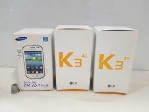 3 X MIXED PHONE CONTAINING 2 X LG K3 4G PHONES BOXED WITH CHARGERS - 1 X SAMSUNG GALAXY FAME PHONE BOXED WITH CHARGER