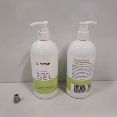 480 X BRAND NEW V-STOP 75% SANITISING GEL IN 500ML DISPENSER BOTTLES - EXP DATE FEBRUARY 2024 - IN 24 CARTONS