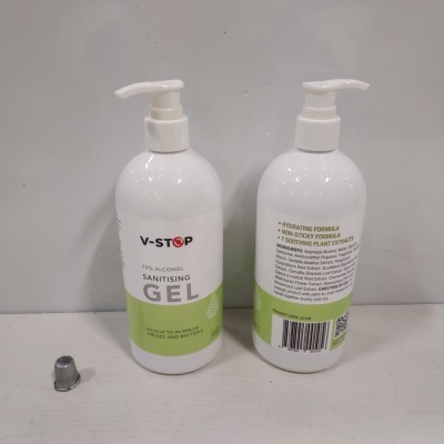 480 X BRAND NEW V-STOP 75% SANITISING GEL IN 500ML DISPENSER BOTTLES - EXP DATE FEBRUARY 2024 - IN 24 CARTONS