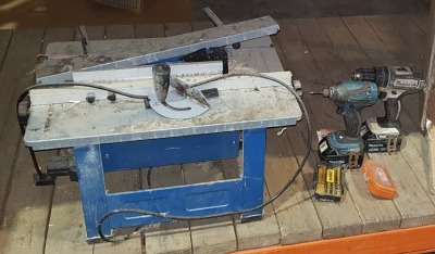 MIXED TOOL LOT CONTAINING - WORK ZONE TABLE SAW - MAKITA IMPACT DRIVER - WITH BATTER - 5AMP- MAKITA COMBI DRILL WITH 5AMP BATTERY - DEWALT MULTI DRILL BIT KIT - ETC