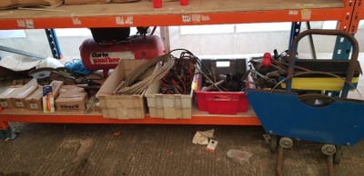 FULL BAY CONTAINING - CLARKE PANTHER COMPRESSOR 50L - GRINDER- VARIOUS TRAYS OF TOOLS - AND METAL BANDING STRAP TROLLEY WITH METAL STRAP - ETC