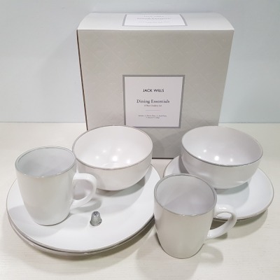 10 X BRAND NEW JACK WILLS BOXED DINING ESSENTIALS 8 PIECE CROCKERY SET TO INCLUDE 2 X DINNER PLATES 2 X SMALL PLATES 2 X BOWLS AND 2 X MUGS