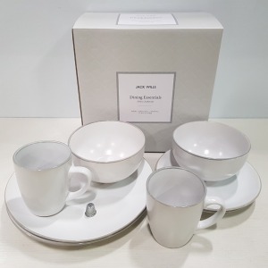 10 X BRAND NEW JACK WILLS BOXED DINING ESSENTIALS 8 PIECE CROCKERY SET TO INCLUDE 2 X DINNER PLATES 2 X SMALL PLATES 2 X BOWLS AND 2 X MUGS