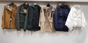 6 PIECE MIXED JACKET LOT TO INCLUDE NEXT MUSTARD JACKET SIZE MEDIUM / MORLEY GREY JACKET SIZE MEDIUM / MORLEY GREEN & BLACK JACKET SIZE MEDIUM / BRIT ISLAND CREAM JACKET SIZE UK 12 AND RESERVED WHITE JACKET SIZE UK 12 ETC.