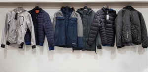 6 PIECE MIXED JACKET LOT TO INCLUDE JACK & JONES PUFFER SIZE SMALL / SUPERDRY GREY JACKET SIZE LARGE / SUPERDRY NAVY JACKET SIZE LARGE / SUPERDRY NAVY CHEQUERED JACKET SIZE MEDIUM AND PULL & BEAR GREY JACKET SIZE SMALL ETC.