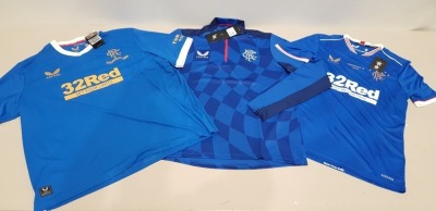 22 PIECE MIXED RANGERS FC JERSEY LOT TO INCLUDE 150 YEARS CELEBRATION JERSEY, CHAMPIONS 20/21 JERSEY AND HOME KIT QUARTER ZIP SWEATER - IN VARIOUS SIZES .