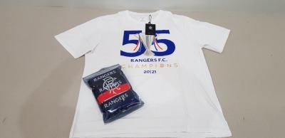 20 PIECE MIXED RANGERS FC LOT TO INCLUDE 13 X PACK OF BOXERS (NAVY, RED & BLACK) AND 7 X RANGERS FC WHITE CHAMPIONS 20/21 TSHIRTS - IN VARIOUS SIZES