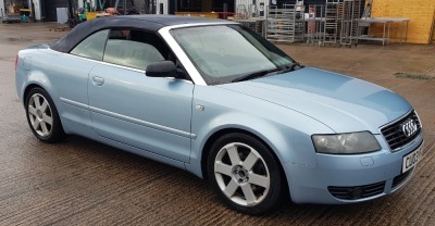 BLUE AUDI A4 SPORT CABRIOLET AUTO CONVERTIBLE PETROL 2976CC , FIRST REGISTERED 20/5/2003 REG: CUO3PCZ MILEAGE: 128,927 VIN : WAUZZZ8H73K027150 1 KEY HAS V5 MOT UNTIL MARCH 2023 WITH CLIMATE CONTROL, SAT NAV THE VEHICLE WILL RUN AND DRIVE , BUT THE HEAD G