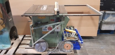 STARTRITE TILT ARBOR TABLE SAW -S/N - 17528333 - VOLT-415 - WITH VARIOUS SIZED BLADES AND SLIDING SIDE TABLE AND GAURDS - IN WORKING CONDITION