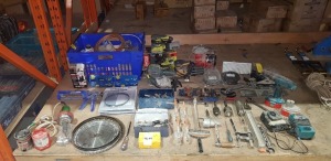 HALF BAY MIXED LOT CONTAINING - FULL TRAY OF VARIOUS SCREWS - RYOBI SANDER - BOSCH SANDER - JCB SANDER - MAKITA DRILL - BRAND NEW BAND SAW BLADES - SPARE PARTS FOR WOOD WORKING MACHINARY I.E TABLE SAW- LATHE AND ROUTER ETC