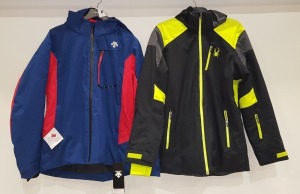 2 X BRAND NEW MIXED PREMIUM SKI / WINTER COATS LOT CONTAINING DESCENTE TERRO COAT IN NAVY (SIZE L ) - AND SPYDER COAT IN BLACK AND YELLOW ( SIZE M )