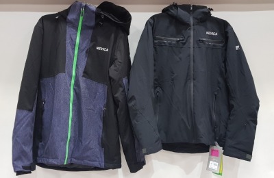 2 X BRAND NEW MIXED PREMIUM SKI / WINTER COATS LOT CONTAINING NEVICA VAIL COAT IN BLACK IN ( SIZE S ) - AND NEVICA COAT IN BLACK/BLUE IN ( SIZE L )