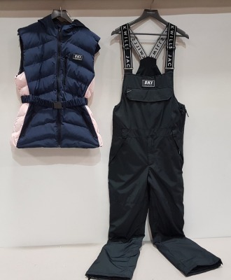 2 X BRAND NEW MIXED PIECE CLOTHING LOT CONTAINING JACK WILLS NAVY AND PINK GILLET IN ( SIZE L ) - AND JACK WILLS ALL BLACK SKI DUNGEREES IN ( SIZE S )