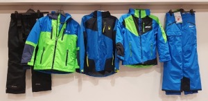 5 X BRAND NEW MIXED CLOTHING LOT CONTAINING 2 X NEVICA COATS IN GREEN/BLUE ( IN SIZE 9-10YRS) AND 1 X SPYDER COAT IN BLUE/BLACK ( IN SIZE JUNIOR L ) ALSO 1 X NEVICA SKI /WINTER PANTS IN BLUE ( IN SIZE 9-10 YRS ) - 1 X DARE2B SKI/WINTER PANTS IN BLACK ( 