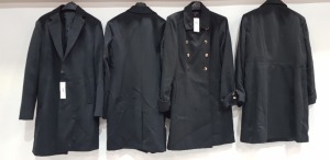 12 X BRAND NEW MIXED COAT LOT CONTAINING 9 X TOPMAN FLEECED OVERSIZED BUTTONED COATS IN BLACK ( IN SIZES XS/S) - 2 X MISS SELFRIDGES OVERSIZED BUTTONED COATS IN BLACK ( IN SIZES UK 16 ) AND 1 X BOOHOO MAN OVERSIZED BUTTONED COAT IN BLACK ( IN SIZE UK 16