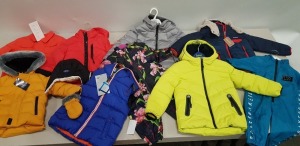 16 X BRAND NEW MIXED TED BAKER KIDS CLOTHING LOT CONTAINING TO INCLUDE GREY BOYS JACKET ( IN SIZE 5-6YRS) - PINK BABY FAUX FUR COAT ( IN SIZE 3-6 MTHS ) - RAINPROOF ONE PIECE BODY SUIT IN FLORAL PRINT ( IN SIZE 12-18MTHS ) - BOYS ORANGE COAT ( IN SIZE 5