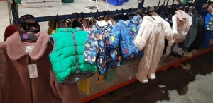 55 X BRAND NEW MIXED KIDS JACKETS / ONE PIECE BODY SUITS CLOTHING LOT TO INCLUDE JASPER CONRAN RUBBERIZED JACKET IN RED ( AGE 6 ) - M&S FAUX FUR OVERSIZED JACKET ( 13-14YRS ) - GEORGE BABY PADDED COAT IN DINOSAUR PRINT ( 0-3 MTHS ) - BOUTCHOU FAUX FUR B